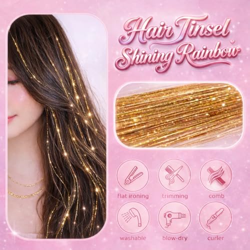 Rootoo Gold Hair Tinsel Kit 10 Pcs Fairy Hair Extensions for Girls & Women