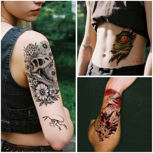 77PCS Dinosaur Temporary Tattoos for Kids Teens, 17PCS Half Sleeve Tyrannosaurus T-Rex Triceratops Pterosaur Kids Temporary Tattoos, 60PCS Raptor Fake Tattoos Stickers Cosplay Birthday Party Supplies