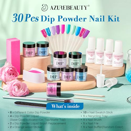 AZUREBEAUTY 30Pcs Dip Powder Nail Kit Starter with Nail Sticks, Translucent Nude Pink 8 Colors Dipping Liquid Set Added Matte Top Coat Recycling Tray for Velvet Nail Art Manicure Salon DIY Home