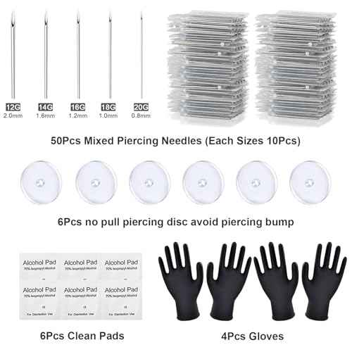 Body Piercing Kit 66PCS Professional Piercing Kit Includeds 50Mixed 12G 14G 16G 18G 20G Ear Nose Piercing Needles 6no pull piercing disc 6Clean Tools 4Gloves for Ear Nose Piercing Kit