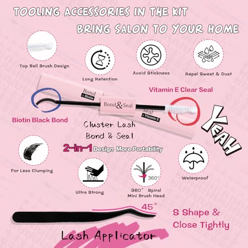 PRO DIY Lash Extension Kit Lash Cluster Kit 80 Pcs 3 Step Cluster Lashes Eyelash Extensions Kit Lash Bond and Seal Eyelash Applicator Tool Self Application at Home(DIY Lash Kit-B)