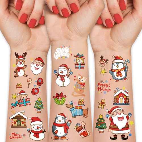 36 Sheets Christmas Temporary Tattoos, Snowman Penguin Elk Santa Tattoos for Christmas Stocking Stuffers & Gifts Party Favors for Kids, Waterproof Available for 2-3 Days, Makeup Remover Water Washable