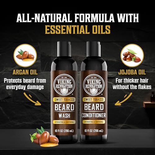 Viking Revolution Beard Wash and Beard Conditioner for Men with Argan Oil and Jojoba Oil - Beard Softener and Strengthener Beard Care Beard Shampoo and Conditioner with Beard Oil (10oz, Sweet Tobacco)