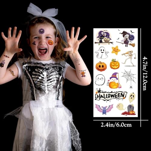 VERKSTAD Halloween 6 Sheets Skull Face Tattoo, Scary Mouth Tattoo Stickers, Horror Skeleton Vampire Death Demon Zombie Temporary Tattoos, 8 Small Pumpkin Tattoo Costume Makeup Cosplay Accessories