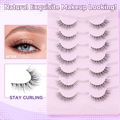Natural Cat Eye Lashes False Eyelashes Natural 12mm Wispy Eyelashes with Thin Band 3D Volume False Lashes Soft Eye Lashes Pack C Curl Natural Eyelashes Fake Lashes 7 Pair EVENTILL