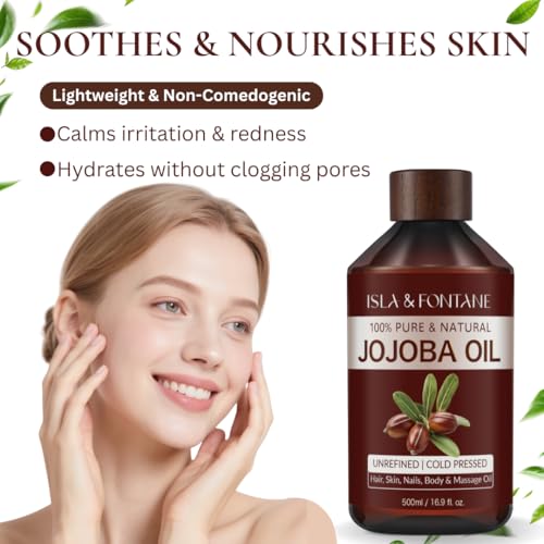 ISLA & FONTANE Jojoba Oil Set ? 17 fl oz (500ml) | 100% Pure & Natural | Golden, Unrefined, Cold Pressed | 2 Dropper Bottles & Massager | Hexane-Free Carrier Oil for Skin, Hair, Face, Nails & Body