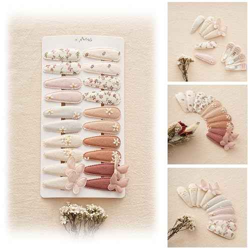 Fancy Clouds 20 Pack Baby Hair Clips for Girls Toddler,Neutral Fabric Snap Clips Pins With Embroidery Daisy Flower Butterfly,Handmade Hair Accessories Barrettes for School Age Kids Children Gifts
