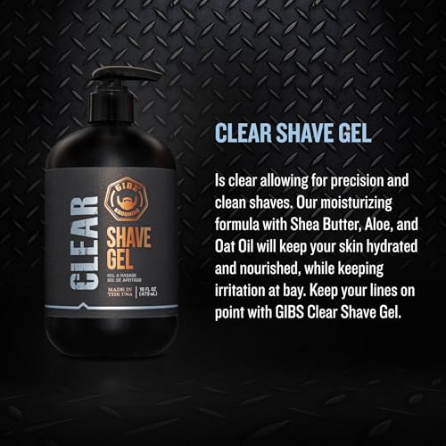 GIBS Grooming Clear Shave Gel, 16oz with pump, Moisturizing shave gel with Shea Butter, Aloe and Oat oil.