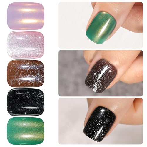 NEW Press on Nails Short 5 Styles, Jofay Fashion 120Pcs Salon-Like Fake Nails with Cat Eye | Glitter | Mermaid Chrome Nail Designs, Artificial Acrylic Nails Gel Glue on Nails Stick on Nails for Women