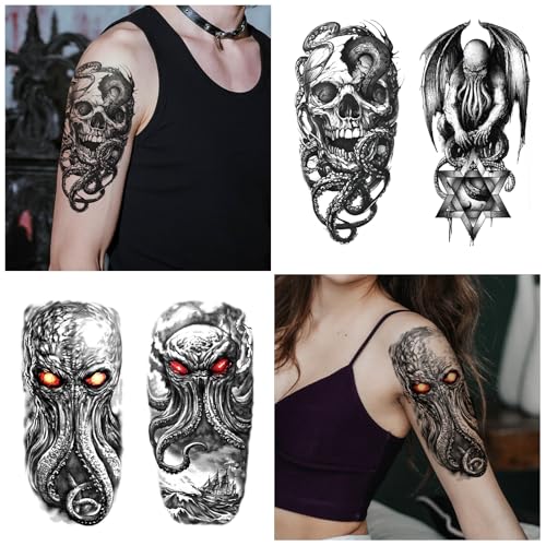 Yazhiji 47 Sheets Temporary Tattoos, 17 Sheets Half Arm Cthulhu Octopus Fake Tattoos for Adults Shoulder Neck, 30 Sheets Tiny Animal Temporary Tattoos Realistic for Men Women Boys & Girls