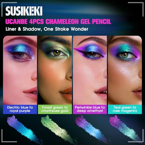 4PCS Chameleon Metallic Eyeshadow & Eyeliner Gel Pencil Set ? Multichrome Shifting Colors Glitter Eye Makeup, Waterproof Long-Lasting Smudge-Proof Duochrome Pencil for Multi-Dimensional Looks