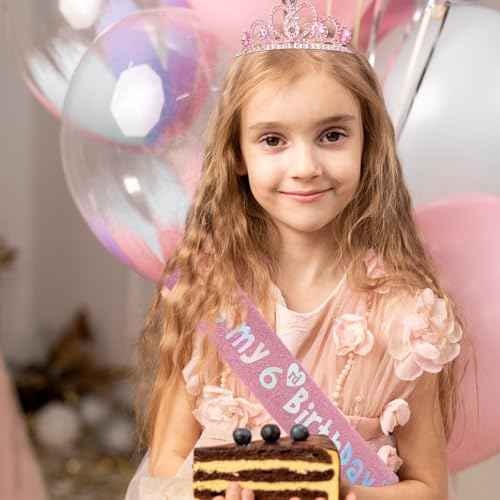 CIEHER 6th Birthday Decorations for Girls - 6th Birthday Crown and Sash with Pearl Pin Set - Pink