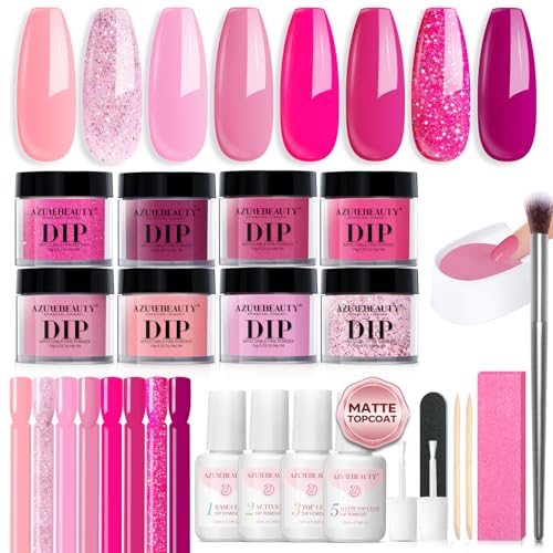 AZUREBEAUTY Dip Powder Nail Starter Kit - 8 Pink Colors with Matte & Top Coat