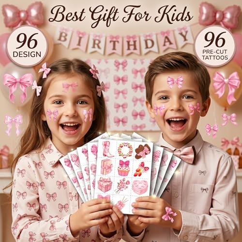 Pink Bow Temporary Tattoos for Kids - 96 PCS Party Favors