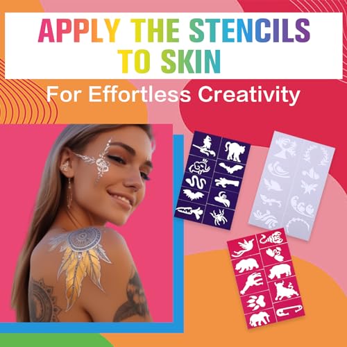 Temporary Tattoo Markers - 15 Colors with Neon Glow & 50 Stencils