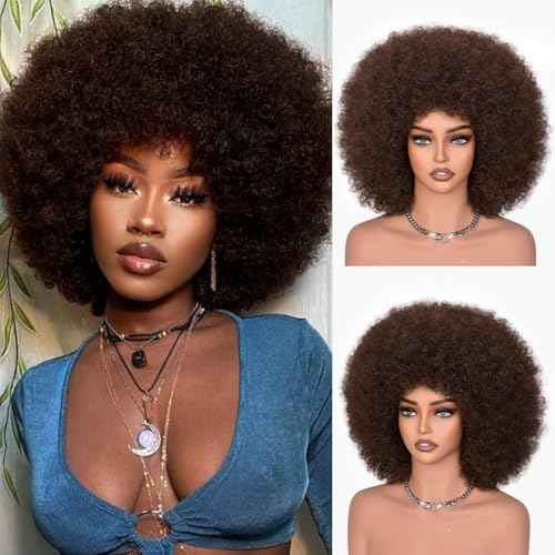 Afro Wigs for Black Women 70s Afro Kinky Curly Wig with Bangs Bouncy Huge Fluffy Puff Wigs Synthetic Hair for Cosplay Daily and Party 14Inch