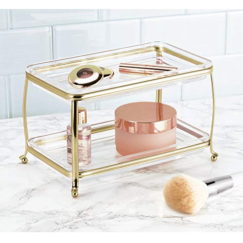 mDesign Decorative Makeup Storage Organizer Vanity Tray for Bathroom Counter Tops, 2 Levels to Hold Makeup Brushes, Eyeshadow Palettes, Lipstick, Perfume and Jewelry - Soft Brass/Clear