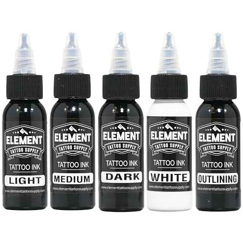 Element Tattoo Supply Greywash Tattoo Ink Set - Professional Tattooing, Light, Medium & Dark Shades, Includes Black & White Solid Inks for Outlining, Shading & Blending, 1 oz Bottle (5 Pack)