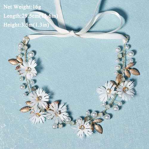 2 PCS Daisy Pearl Flower Vine Rhinestones Headband, Flower Headband Floral Hair Wreath Headpiece for Bridal Women Girls Hippie Wedding Party
