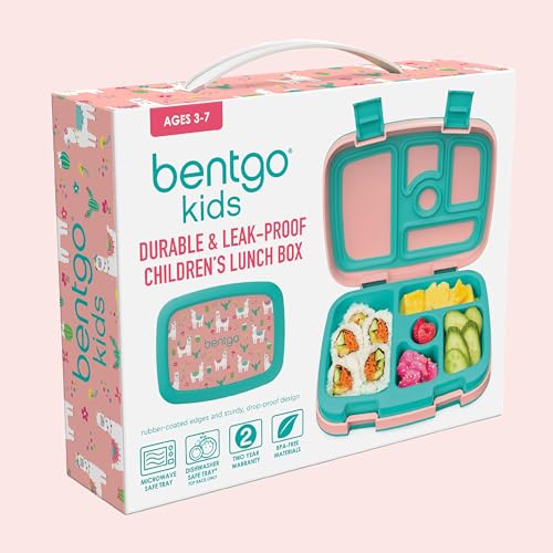 Bentgo Kids Prints Leak-Proof, 5-Compartment Bento-Style Kids Lunch Box - Ideal Portion Sizes for Ages 3-7, Durable, Drop-Proof, Dishwasher Safe, & Made with BPA-Free Materials (Llamas)