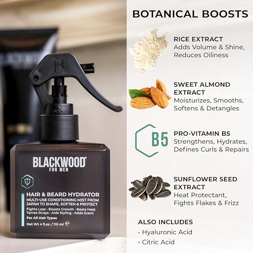 Blackwood For Men Hair & Beard Hydrator Spray - Natural Leave-In Conditioner - Moisturizes, Texturizes, Shapes & Detangles - Ideal for Beard Growth & Care - Vegan Men's Grooming Essential (4 oz)