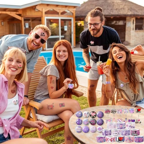 ANONDF 240Pcs Kpop Party Favors: Tattoos, Stickers, Slap Bracelets, Badges, Keychains & Pins (Colorful)
