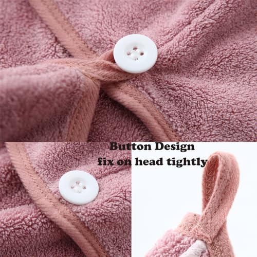 Microfiber Hair Towel Wrap 2 Pack with Button, Bean Pink