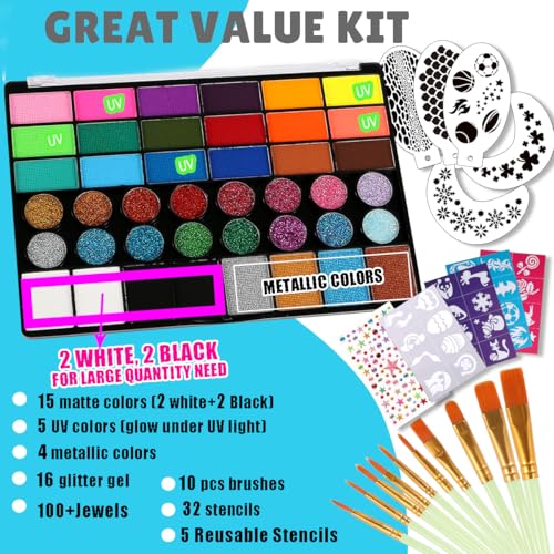 Bowitzki Face Paint Kit - 24 Colors, Glitter & Stencils for Adults