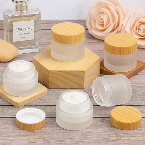 16Pcs 1oz & 1.7oz Glass Cosmetic Containers with Wood Grain Lids ? Refillable Frosted Glass Jars, Leakproof Cream Containers for Travel, Body Scrub, Lotion, Lip Scrub, DIY Skincare£¨50ml/30ml£©