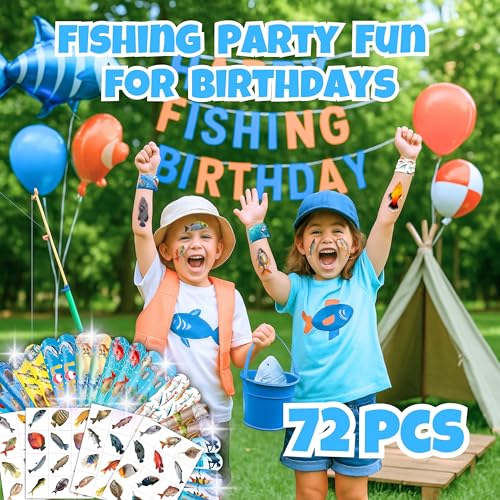 Cherisnowy 72 Pc Fishing Party Favors - Tattoos & Slap Bracelets