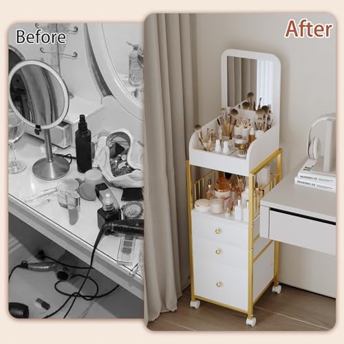 Gold Makeup Cart Organizer with Mirror, Large Floor Vanity Storage