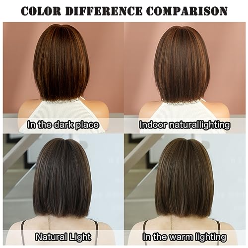 12-Inch Short Blonde Brown Bob Wig with Bangs - Heat Resistant