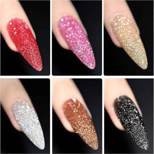 GAOY Reflective Glitter Gel Nail Polish Set for 6 Colors Including Pink Red Silver Black Colors Holographic Gel Polish Kit for Salon Manicure and Nail Art DIY at Home
