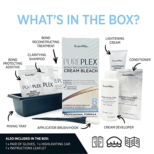 Knight & Wilson PurePlex Bond Reconstructing Cream Hair Bleach, Lifts up to 8 Shades, Protects & Repairs during Lightening. Complete bleaching kit with tint bowl and brush. Ammonia Free.