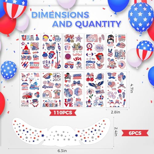 116 Pc Patriotic Temporary Tattoos | 4th of July Face Tattoos