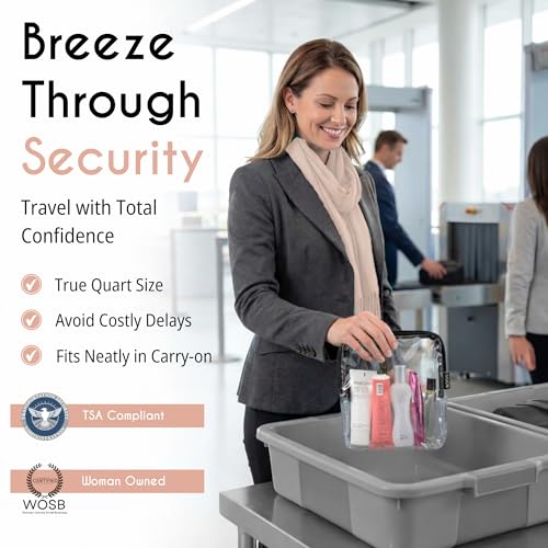 BORSALI TSA Approved Toiletry Bag - Clear Quart Size for 3-1-1 LIquids for Carry On Travel - Toiletries Organizer - Cosmetic Pouch with Zipper - Travel Accessories - 4 Pack