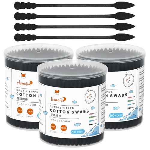 Black Cotton Swabs Spiral Pointed - 600 Count Organic Cotton Buds Charcoal Gothic Double Side Tightly Wrapped Precision Cotton Tips Paper Stick Soft Gentle Lint-Free, Spiral & Pointy (Black)