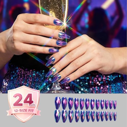 Purple Chrome Press On Nails - Long Almond Soft Gel 24PCS Kit