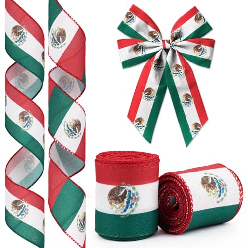Glodecart Mexican Flag Wired Ribbon for Gift Wrapping & Party Decorations - Style8, 2.5" x 10 Yards