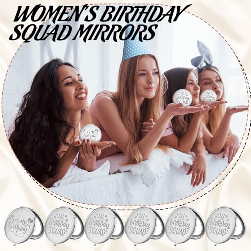 6 Pcs Birthday Squad Party Favor Magnifying Compact Mirrors Birthday Squad Travel Small Mirror for Purse Makeup Pocket Mirror for Women 20th 30th 40th 50th 60th Party Favor(Silver)