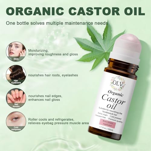 Organic Castor Oil with Rose Quartz Roller, 100% Pure Cold-Pressed Hexane-Free Unrefined, Reduces Fine Lines & Deeply Hydrates for Hair Growth, Eyelashes, Eyebrows & Firms Skin (50ML/1.7oz)