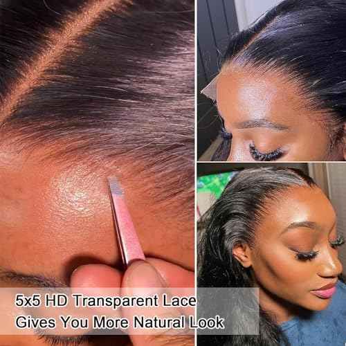 5x5 Transparent HD Lace Closure Human Hair Straight Lace Closure Unprocessed Virgin Human Hair Invisible Lace Frontal Closure Pre Plucked with Baby Hair Natural Black Color 14 inch