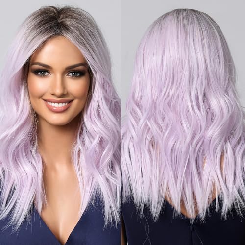 Medium Length Purple Bob Wig for Women - 20 Inch Lavender Wavy Hair