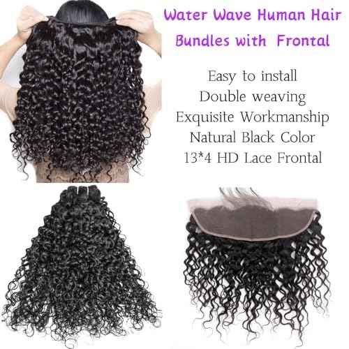 Human Hair Bundles Water Wave Bundles Human Hair With Frontal Closure (26 26 26+18£¬Free Part) 12A Curly 3 Bundle With 13x4 HD Lace Frontal With Baby Hair 1B# Curly Wave Human Hair Extensions