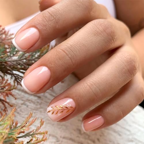 French Press On Nails Short Square Soft Pink White Tip Gold Leaf 30Pcs