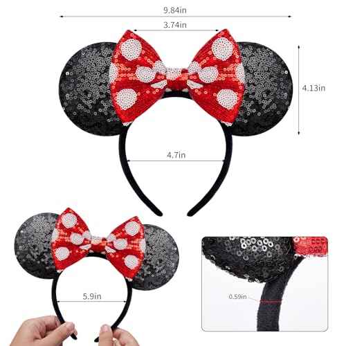 Handmade Sparkly Mouse Ears Headband for Adults & Kids | Upgraded Wide Band |Velvet Non-Slip Band, All-Day Comfort
