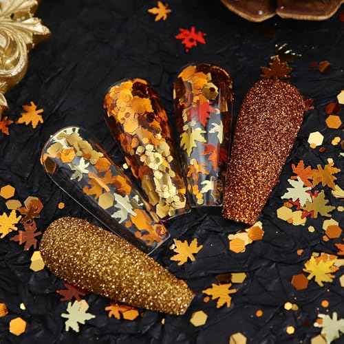 6-Grids Fall Maple Leaf Nail Art Glitter Sequins 3D Holographic Gold Orange Leaf Flakes Thanksgiving Supplies for Acrylic Nails Autumn DIY Decorations