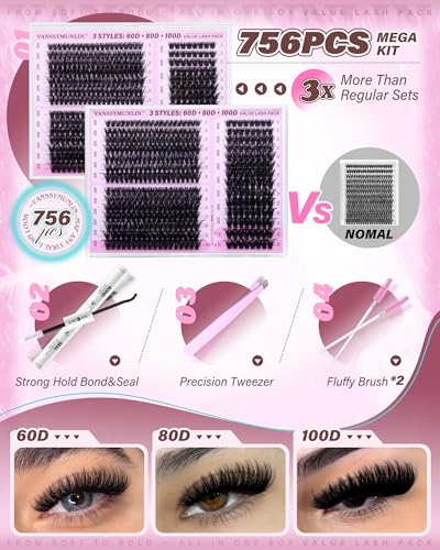Lash Clusters Kit 756PCS - 60D 80D 100D Volume Eyelash Extensions