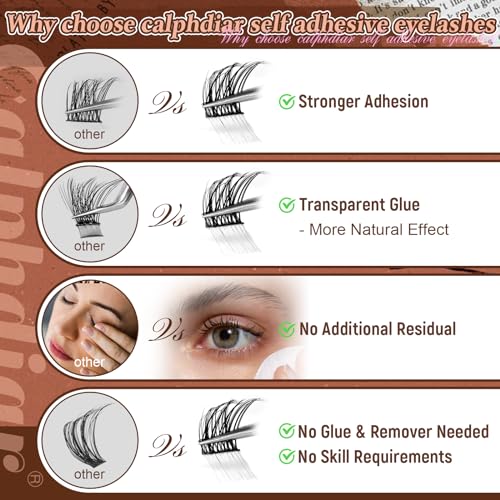 Calphdiar Self Adhesive Eyelashes Reusable Lash Clusters Kit Natural Self Adhesive Lashes No Glue Eyelash Clusters C-curly Press on Lash Clusters 10-14MM DIY Cluster Eyelash Extensions