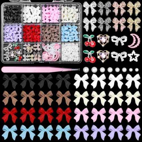 3D Bows Nail Charms Gems, Heart Cherry Bowknot Alloy Nail Gems, Pink Color White Red Black Pearls Nail Bow Charms for Acrylic Nails, Bowknot Nail Jewelry Charms for Nails Art Decoration DIY